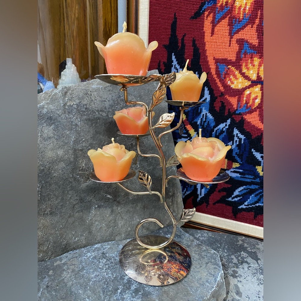 Elegant Gold and Orange Rose Candle Holder